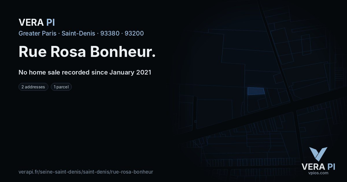 Rue Rosa Bonheur, Saint-Denis at night – every parcel coloured by the prices around it, the street's own parcels lit