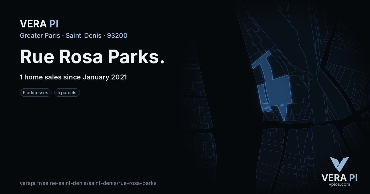 Rue Rosa Parks, Saint-Denis at night – every parcel coloured by the prices around it, the street's own parcels lit