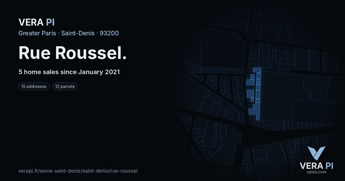 Rue Roussel, Saint-Denis at night – every parcel coloured by the prices around it, the street's own parcels lit
