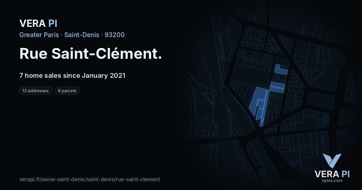 Rue Saint-Clément, Saint-Denis at night – every parcel coloured by the prices around it, the street's own parcels lit