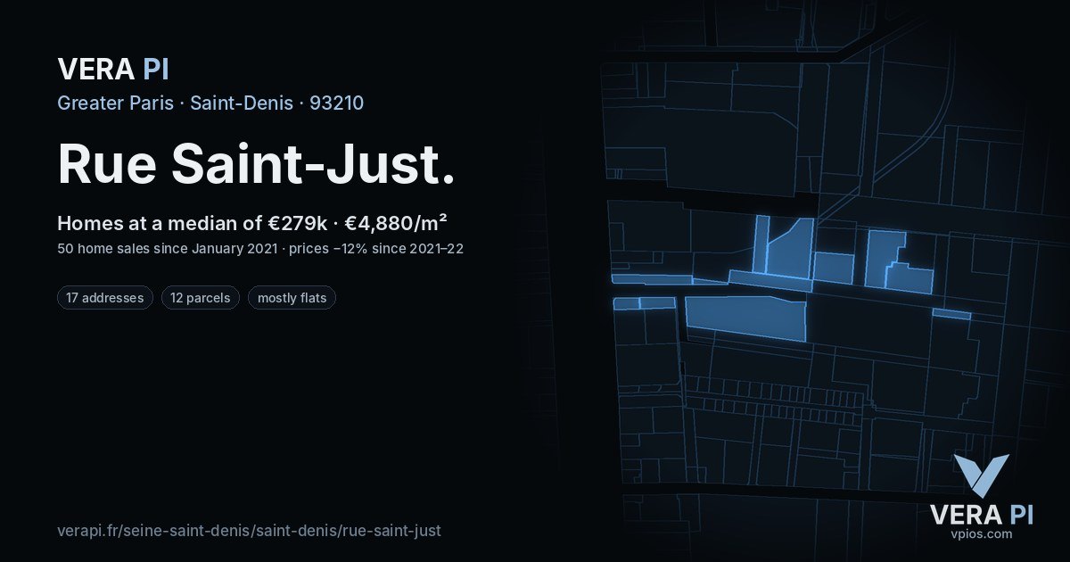 Rue Saint-Just, Saint-Denis at night – every parcel coloured by the prices around it, the street's own parcels lit