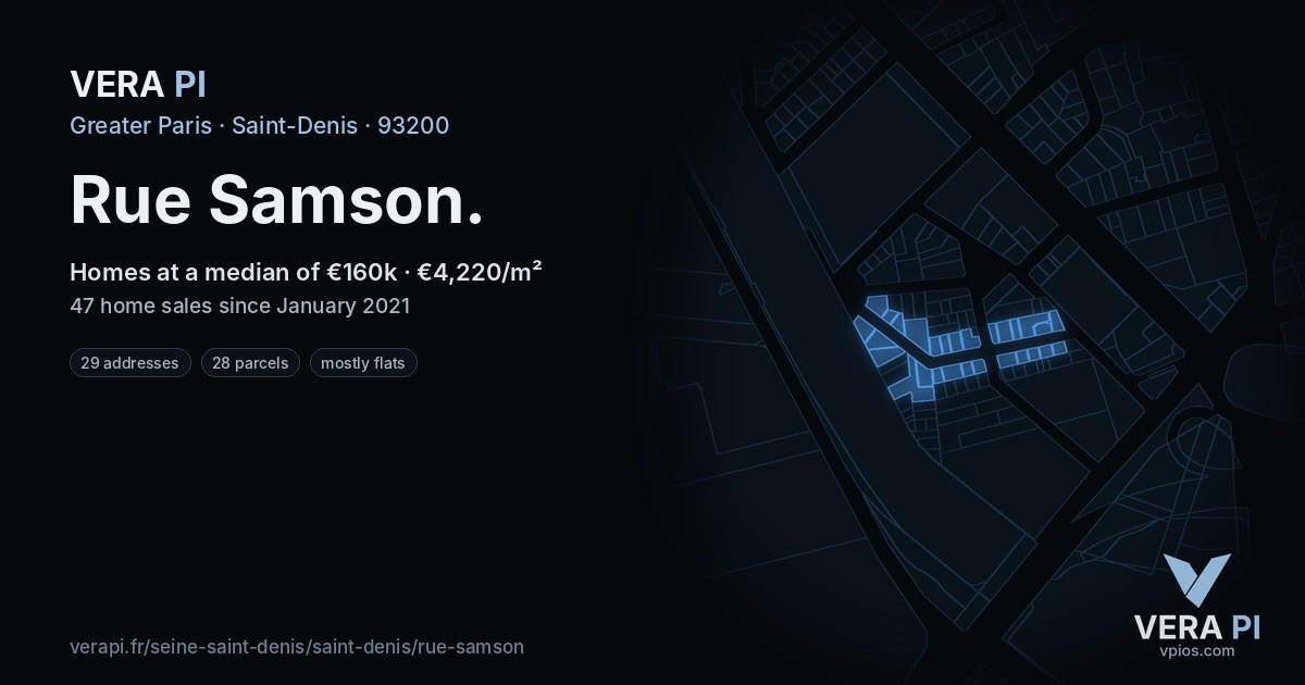 Rue Samson, Saint-Denis at night – every parcel coloured by the prices around it, the street's own parcels lit
