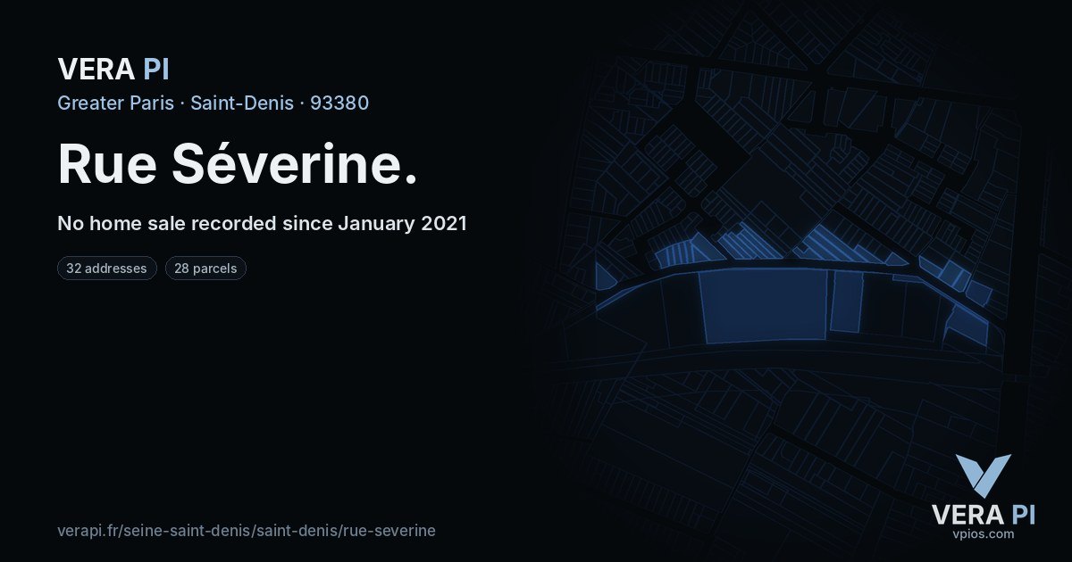 Rue Séverine, Saint-Denis at night – every parcel coloured by the prices around it, the street's own parcels lit