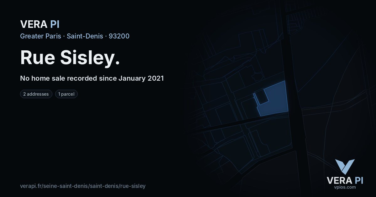 Rue Sisley, Saint-Denis at night – every parcel coloured by the prices around it, the street's own parcels lit