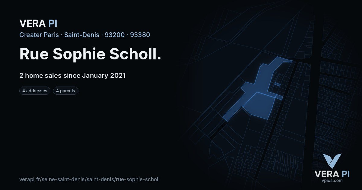 Rue Sophie Scholl, Saint-Denis at night – every parcel coloured by the prices around it, the street's own parcels lit