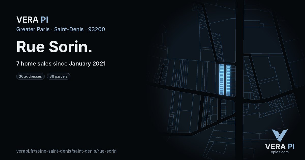 Rue Sorin, Saint-Denis at night – every parcel coloured by the prices around it, the street's own parcels lit