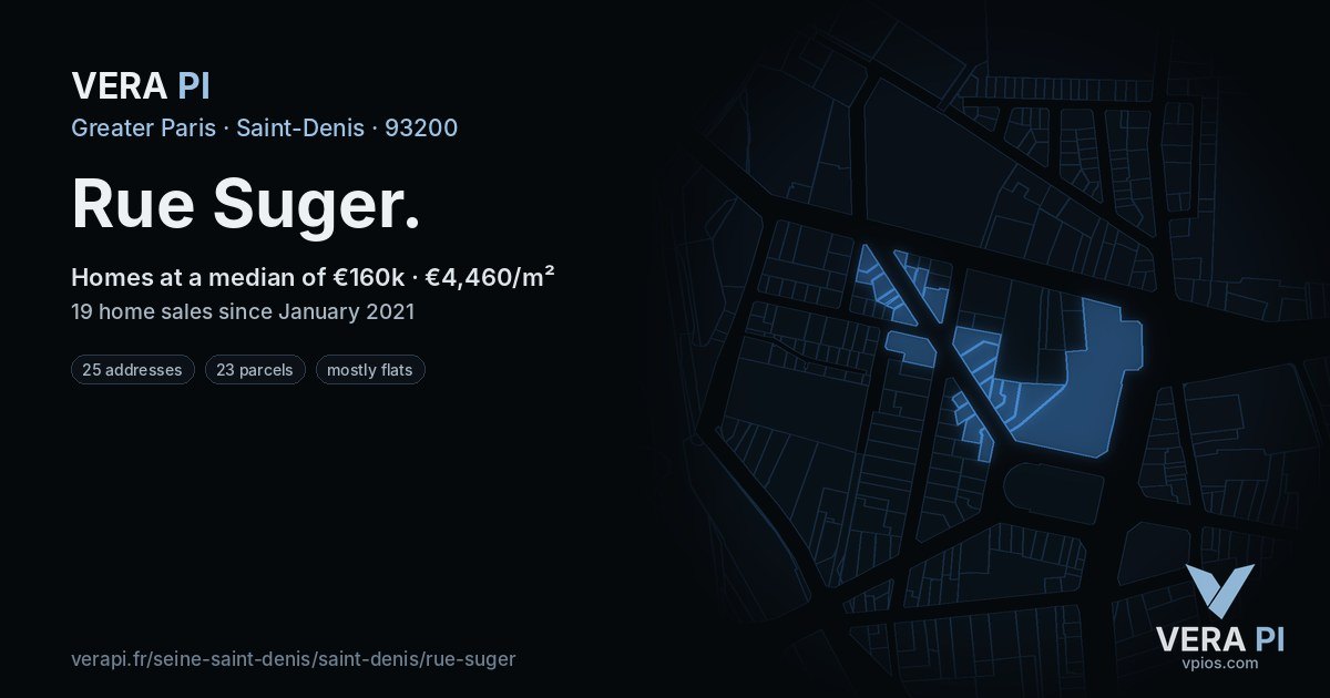 Rue Suger, Saint-Denis at night – every parcel coloured by the prices around it, the street's own parcels lit