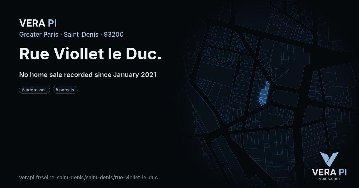 Rue Viollet le Duc, Saint-Denis at night – every parcel coloured by the prices around it, the street's own parcels lit