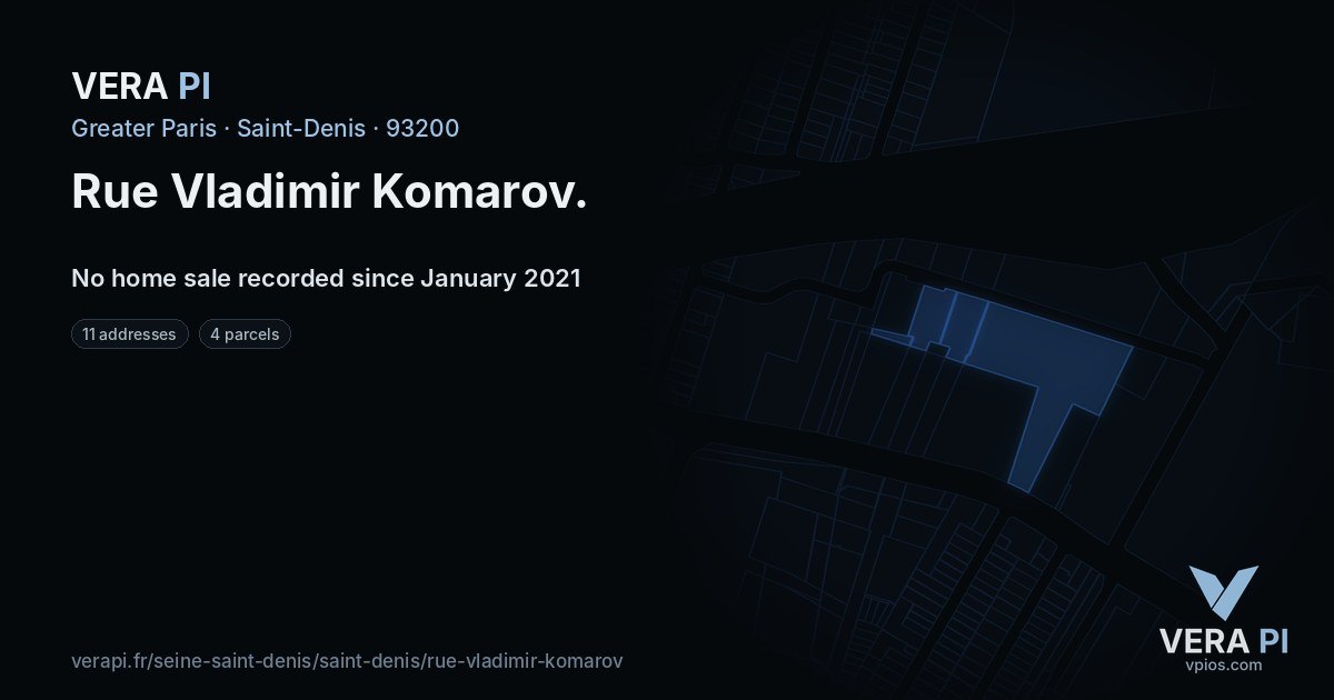 Rue Vladimir Komarov, Saint-Denis at night – every parcel coloured by the prices around it, the street's own parcels lit