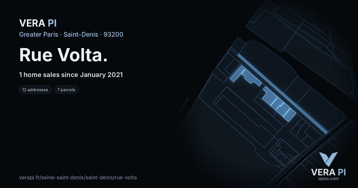 Rue Volta, Saint-Denis at night – every parcel coloured by the prices around it, the street's own parcels lit