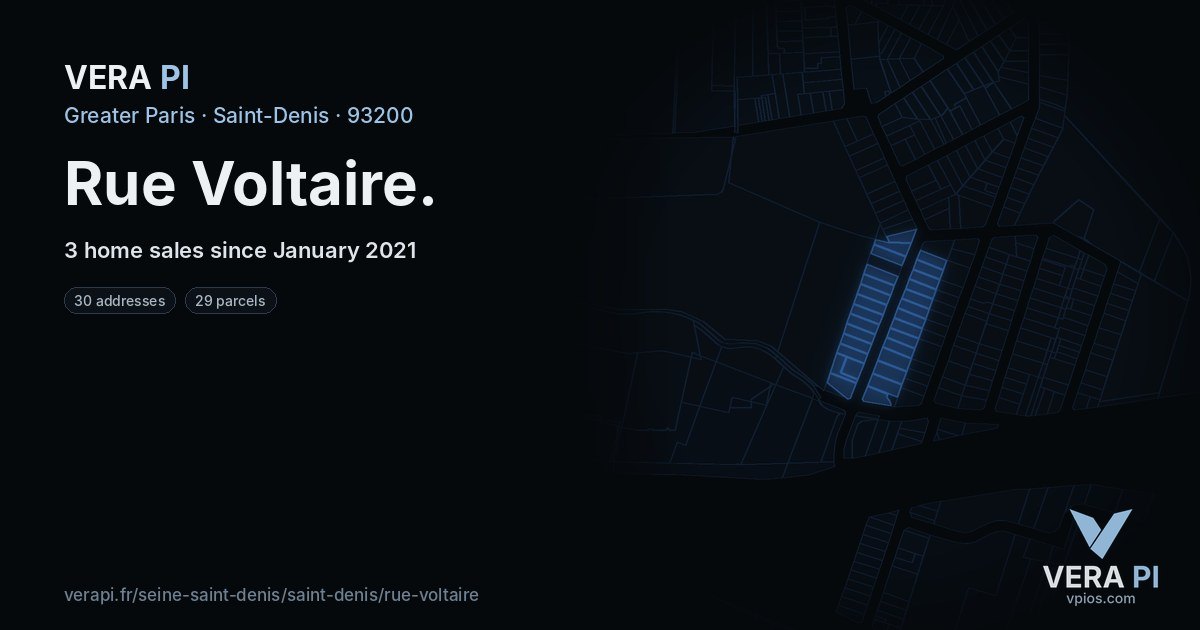 Rue Voltaire, Saint-Denis at night – every parcel coloured by the prices around it, the street's own parcels lit