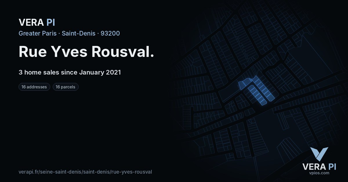 Rue Yves Rousval, Saint-Denis at night – every parcel coloured by the prices around it, the street's own parcels lit