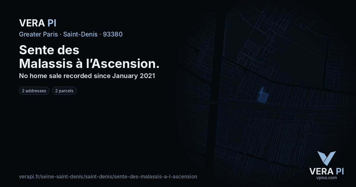 Sente des Malassis à l’Ascension, Saint-Denis at night – every parcel coloured by the prices around it, the street's own parcels lit