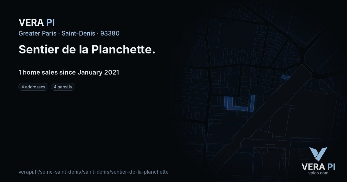 Sentier de la Planchette, Saint-Denis at night – every parcel coloured by the prices around it, the street's own parcels lit