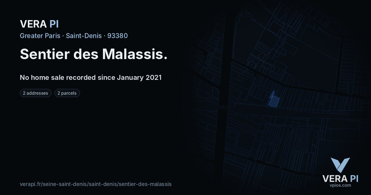Sentier des Malassis, Saint-Denis at night – every parcel coloured by the prices around it, the street's own parcels lit