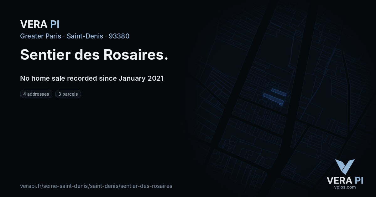 Sentier des Rosaires, Saint-Denis at night – every parcel coloured by the prices around it, the street's own parcels lit