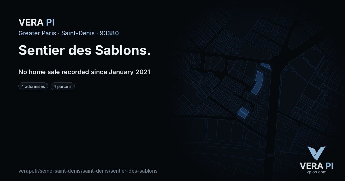 Sentier des Sablons, Saint-Denis at night – every parcel coloured by the prices around it, the street's own parcels lit