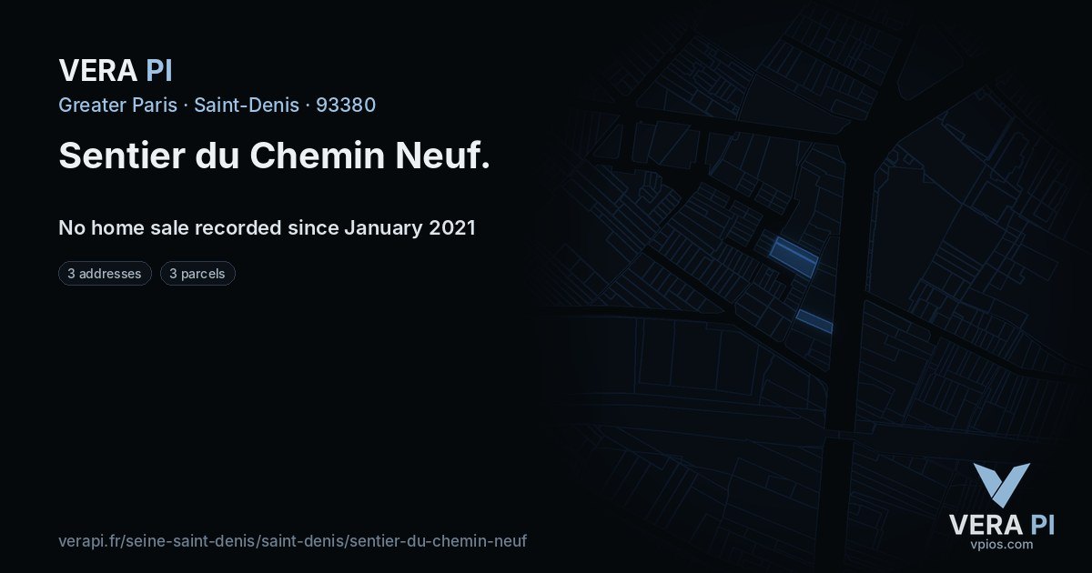 Sentier du Chemin Neuf, Saint-Denis at night – every parcel coloured by the prices around it, the street's own parcels lit