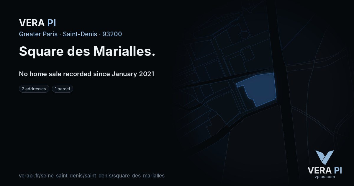 Square des Marialles, Saint-Denis at night – every parcel coloured by the prices around it, the street's own parcels lit