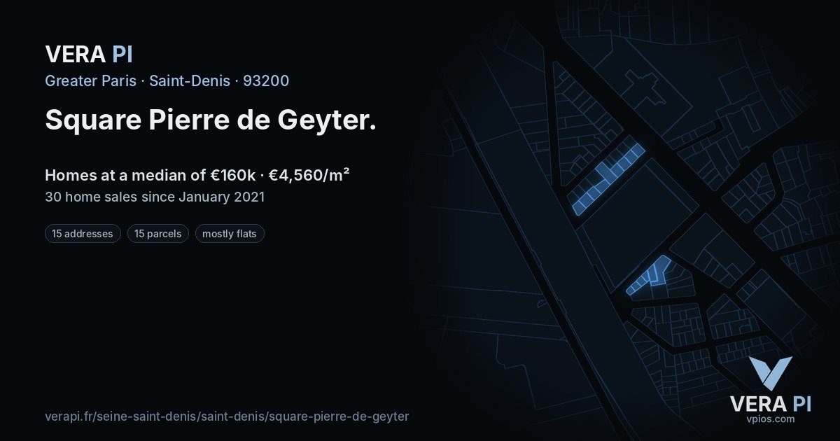 Square Pierre de Geyter, Saint-Denis at night – every parcel coloured by the prices around it, the street's own parcels lit