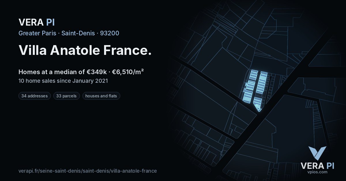 Villa Anatole France, Saint-Denis at night – every parcel coloured by the prices around it, the street's own parcels lit