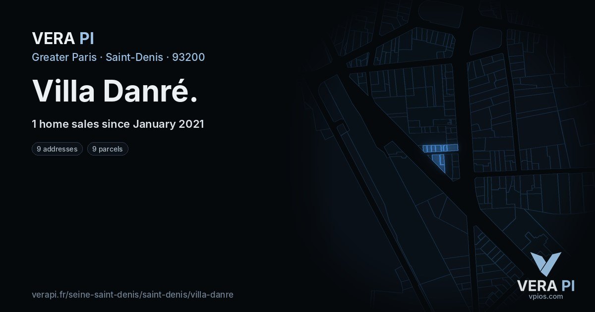 Villa Danré, Saint-Denis at night – every parcel coloured by the prices around it, the street's own parcels lit