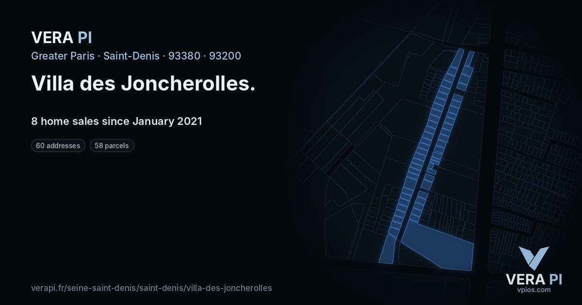 Villa des Joncherolles, Saint-Denis at night – every parcel coloured by the prices around it, the street's own parcels lit