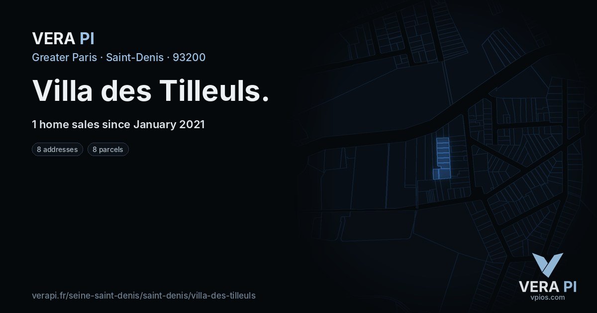 Villa des Tilleuls, Saint-Denis at night – every parcel coloured by the prices around it, the street's own parcels lit