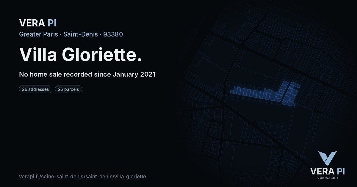 Villa Gloriette, Saint-Denis at night – every parcel coloured by the prices around it, the street's own parcels lit