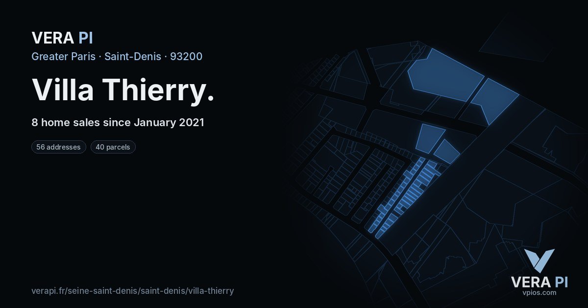 Villa Thierry, Saint-Denis at night – every parcel coloured by the prices around it, the street's own parcels lit