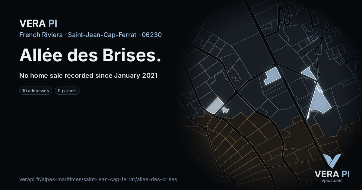 Allée des Brises, Saint-Jean-Cap-Ferrat at night – every parcel coloured by the prices around it, the street's own parcels lit