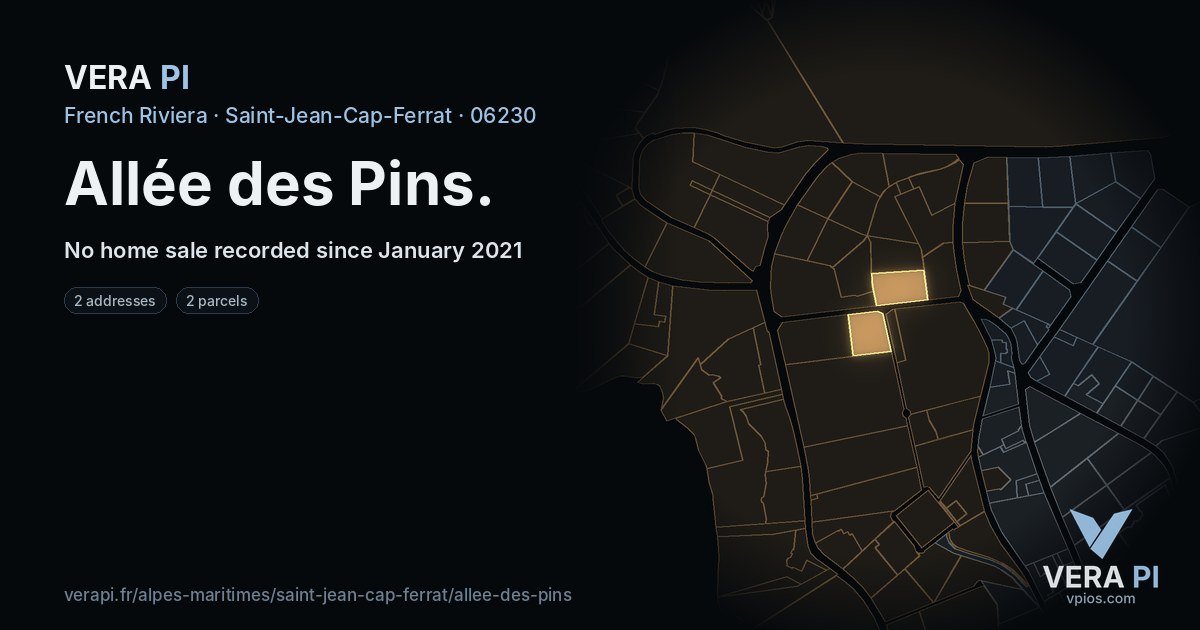 Allée des Pins, Saint-Jean-Cap-Ferrat at night – every parcel coloured by the prices around it, the street's own parcels lit