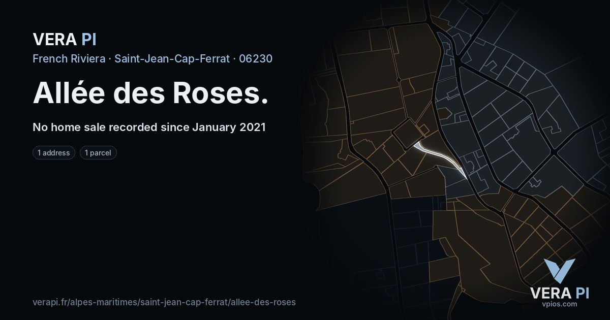 Allée des Roses, Saint-Jean-Cap-Ferrat at night – every parcel coloured by the prices around it, the street's own parcels lit