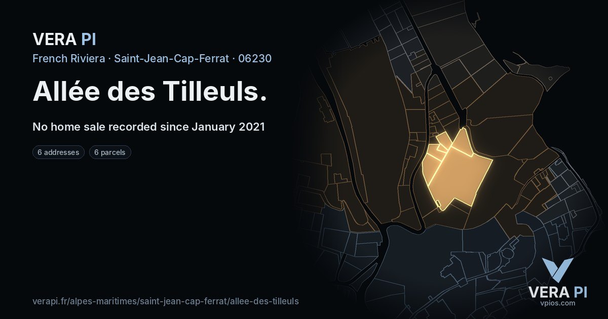 Allée des Tilleuls, Saint-Jean-Cap-Ferrat at night – every parcel coloured by the prices around it, the street's own parcels lit