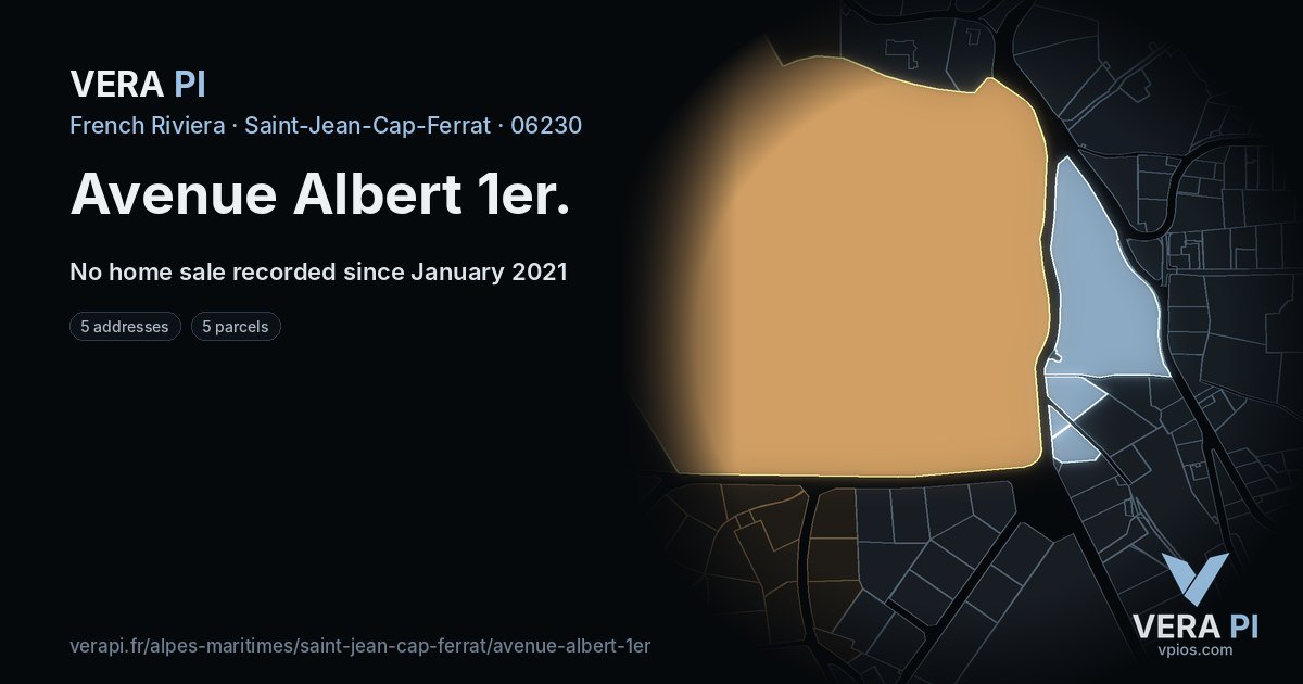 Avenue Albert 1er, Saint-Jean-Cap-Ferrat at night – every parcel coloured by the prices around it, the street's own parcels lit