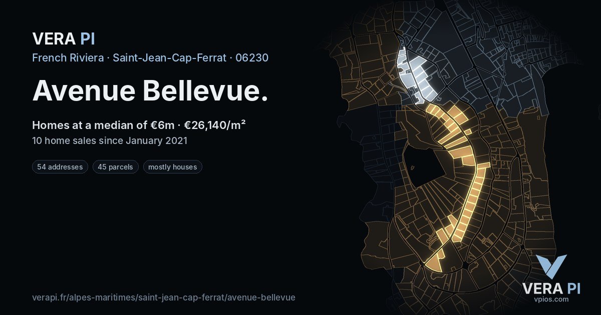 Avenue Bellevue, Saint-Jean-Cap-Ferrat at night – every parcel coloured by the prices around it, the street's own parcels lit