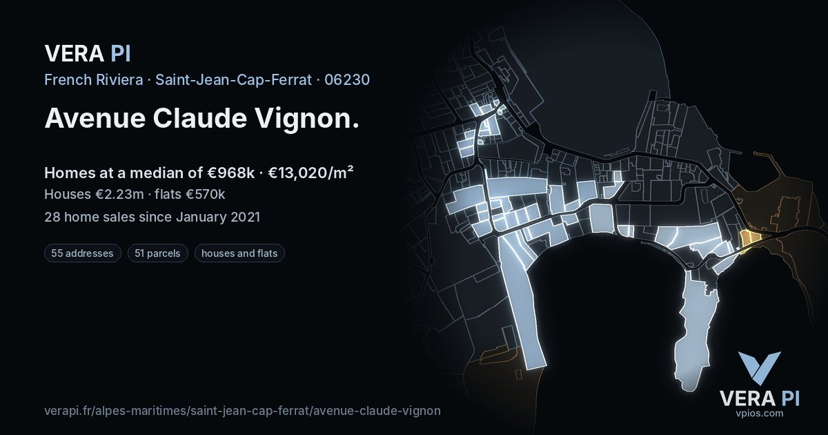 Avenue Claude Vignon, Saint-Jean-Cap-Ferrat at night – every parcel coloured by the prices around it, the street's own parcels lit