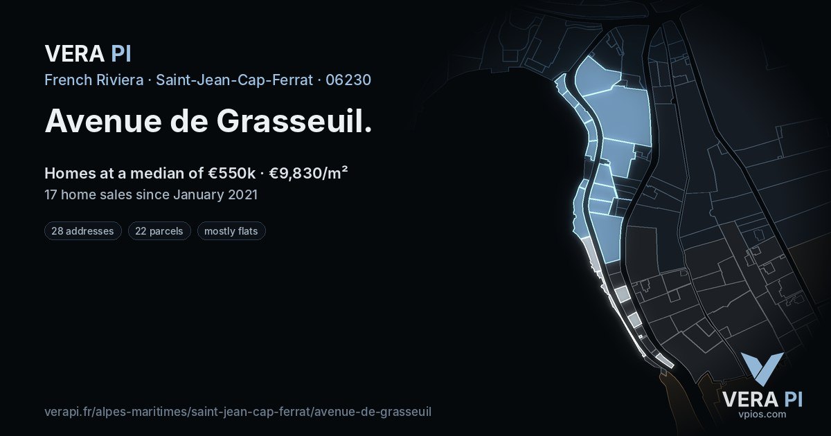 Avenue de Grasseuil, Saint-Jean-Cap-Ferrat at night – every parcel coloured by the prices around it, the street's own parcels lit