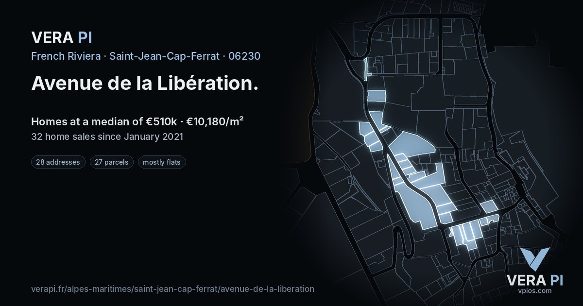 Avenue de la Libération, Saint-Jean-Cap-Ferrat at night – every parcel coloured by the prices around it, the street's own parcels lit