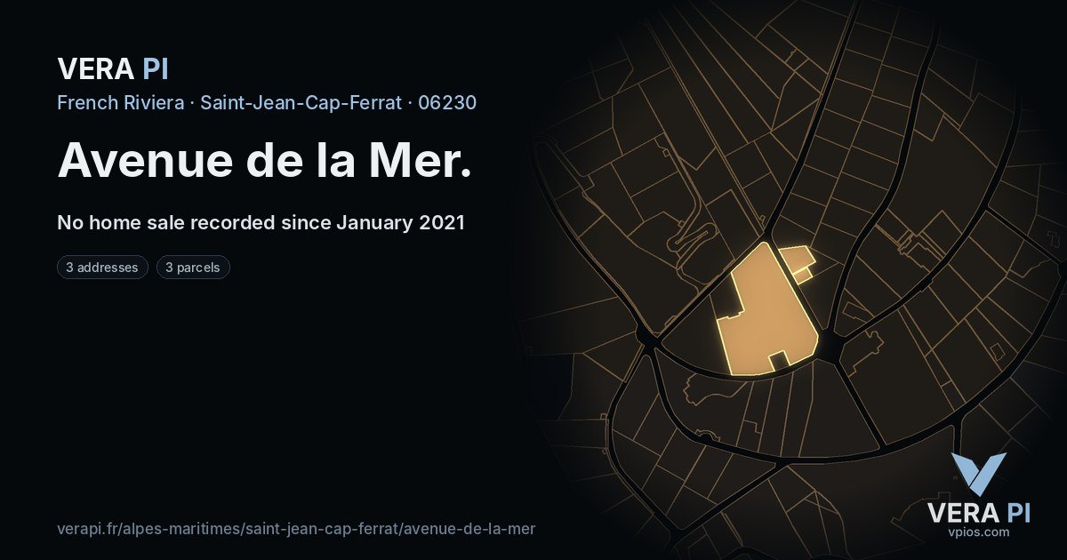 Avenue de la Mer, Saint-Jean-Cap-Ferrat at night – every parcel coloured by the prices around it, the street's own parcels lit
