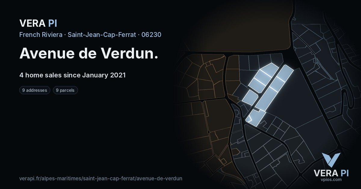 Avenue de Verdun, Saint-Jean-Cap-Ferrat at night – every parcel coloured by the prices around it, the street's own parcels lit
