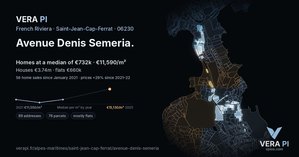 Avenue Denis Semeria, Saint-Jean-Cap-Ferrat at night – every parcel coloured by the prices around it, the street's own parcels lit