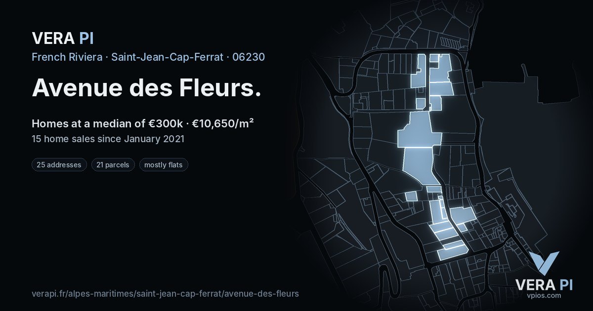 Avenue des Fleurs, Saint-Jean-Cap-Ferrat at night – every parcel coloured by the prices around it, the street's own parcels lit