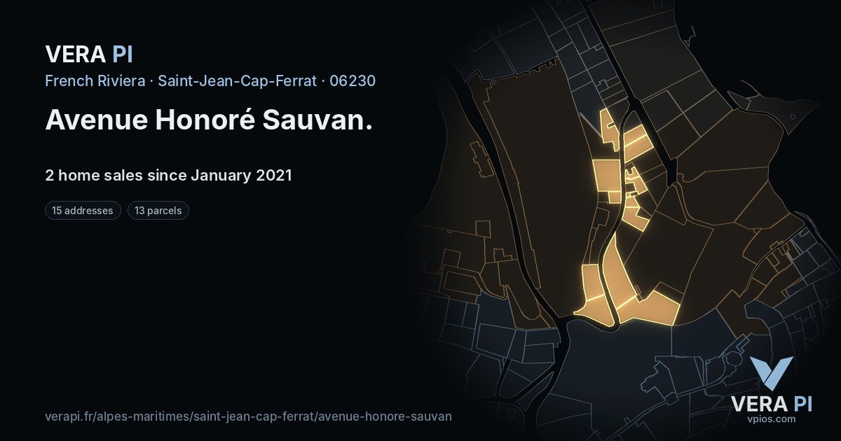 Avenue Honoré Sauvan, Saint-Jean-Cap-Ferrat at night – every parcel coloured by the prices around it, the street's own parcels lit