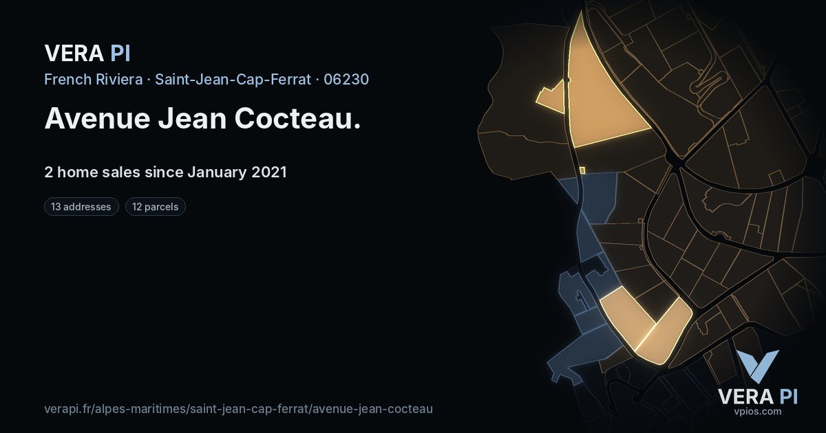 Avenue Jean Cocteau, Saint-Jean-Cap-Ferrat at night – every parcel coloured by the prices around it, the street's own parcels lit