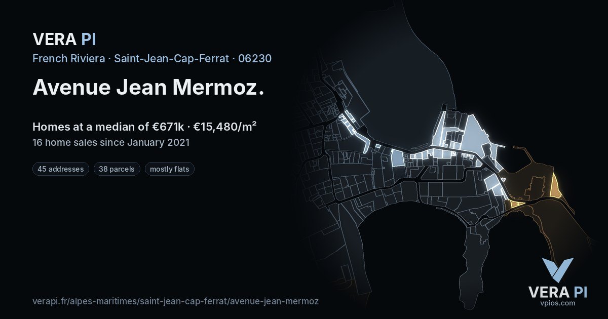 Avenue Jean Mermoz, Saint-Jean-Cap-Ferrat at night – every parcel coloured by the prices around it, the street's own parcels lit