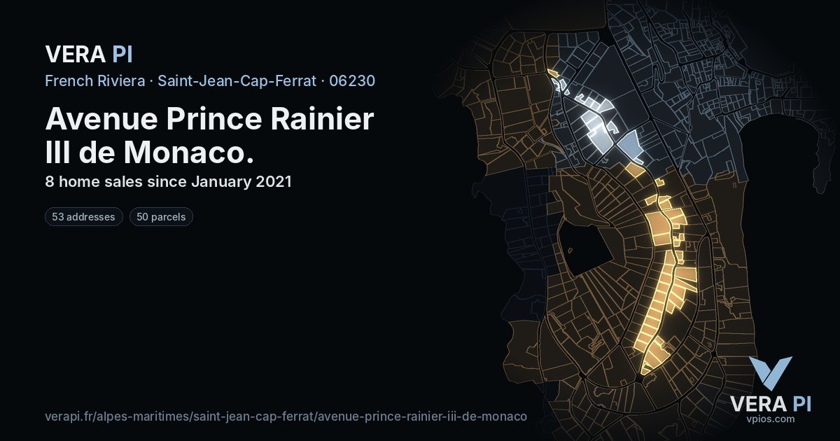 Avenue Prince Rainier III de Monaco, Saint-Jean-Cap-Ferrat at night – every parcel coloured by the prices around it, the street's own parcels lit