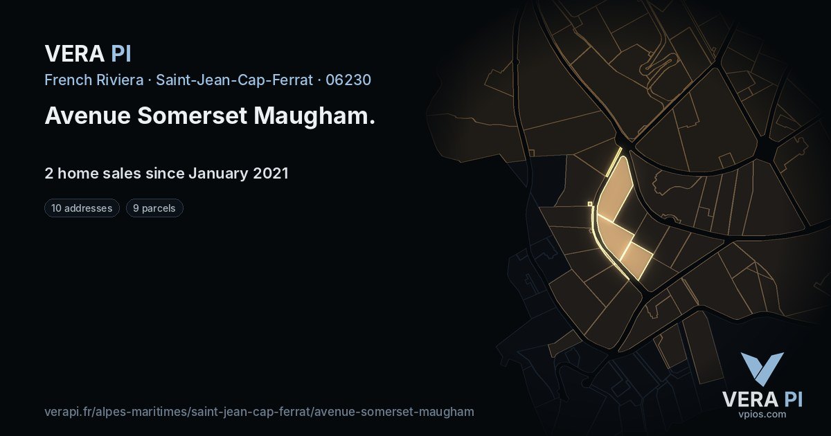 Avenue Somerset Maugham, Saint-Jean-Cap-Ferrat at night – every parcel coloured by the prices around it, the street's own parcels lit