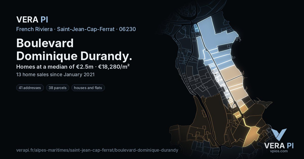 Boulevard Dominique Durandy, Saint-Jean-Cap-Ferrat at night – every parcel coloured by the prices around it, the street's own parcels lit