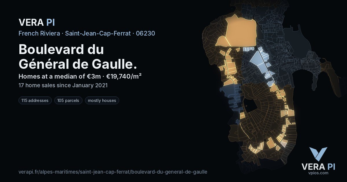 Boulevard du Général de Gaulle, Saint-Jean-Cap-Ferrat at night – every parcel coloured by the prices around it, the street's own parcels lit